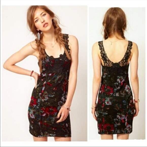 Free People Knockout bodycon black red floral lace crochet strap mini dress SP - Picture 1 of 16